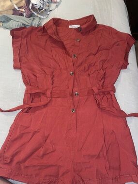 She + Sky Rust Red Button-Front Mini Dress with Waist Tie